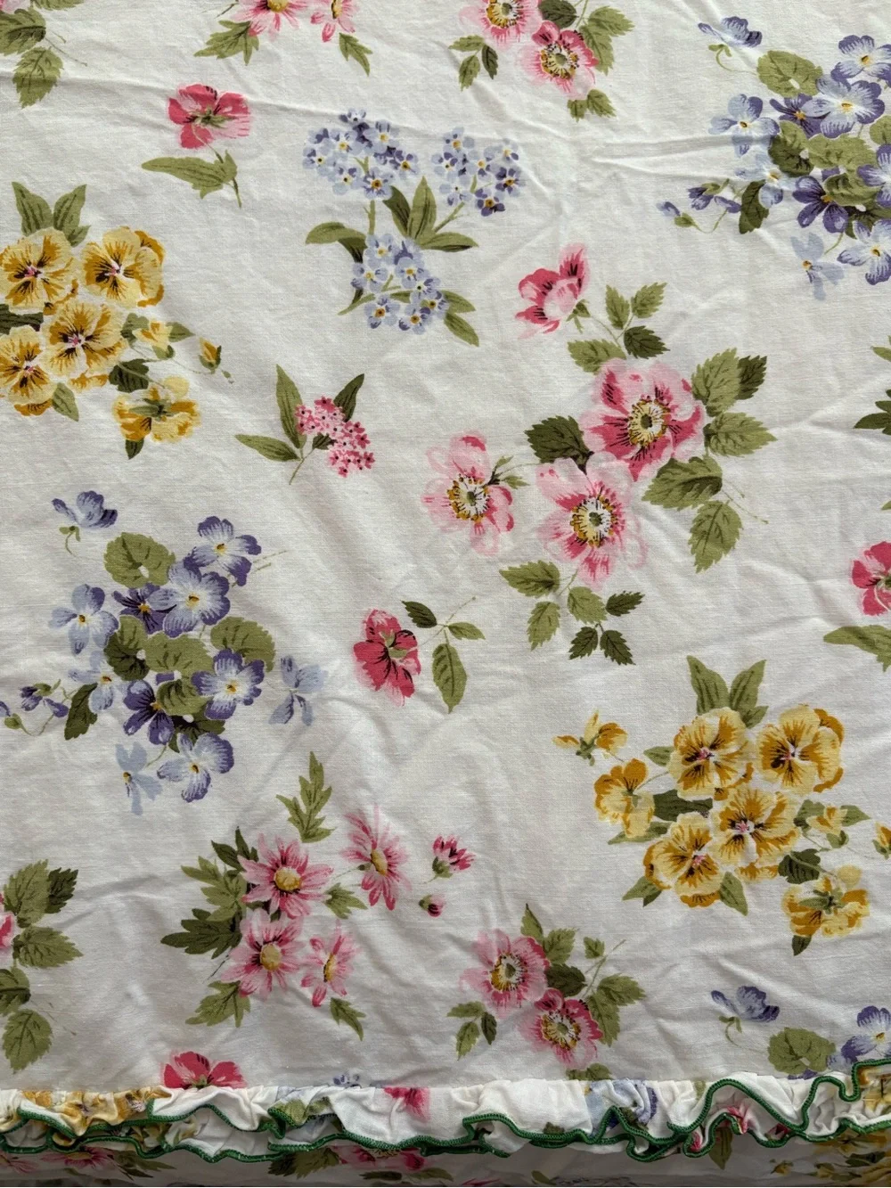Vintage white Floral Ruffle Bed Spread Twin  - White with Pink & Yellow Flowers